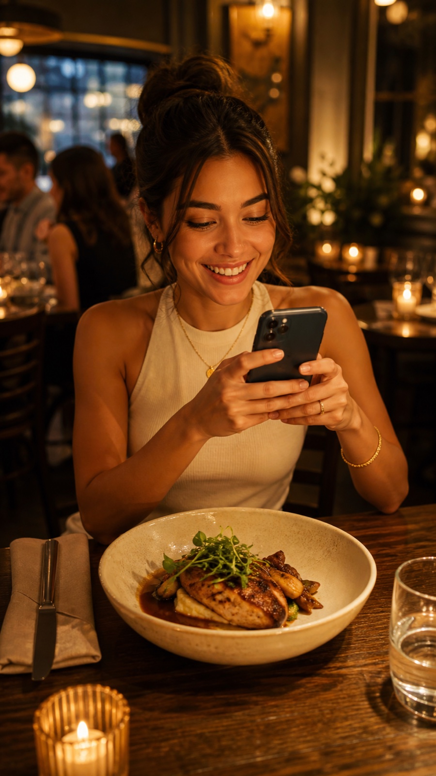 A content creator looking at her phone at the table