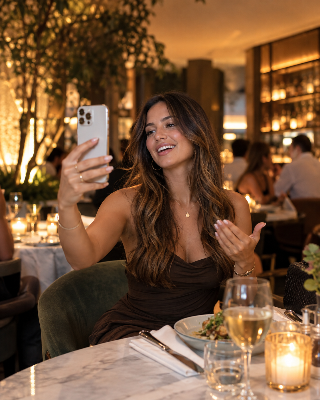 A restaurant creator recording an Instagram video during her visit