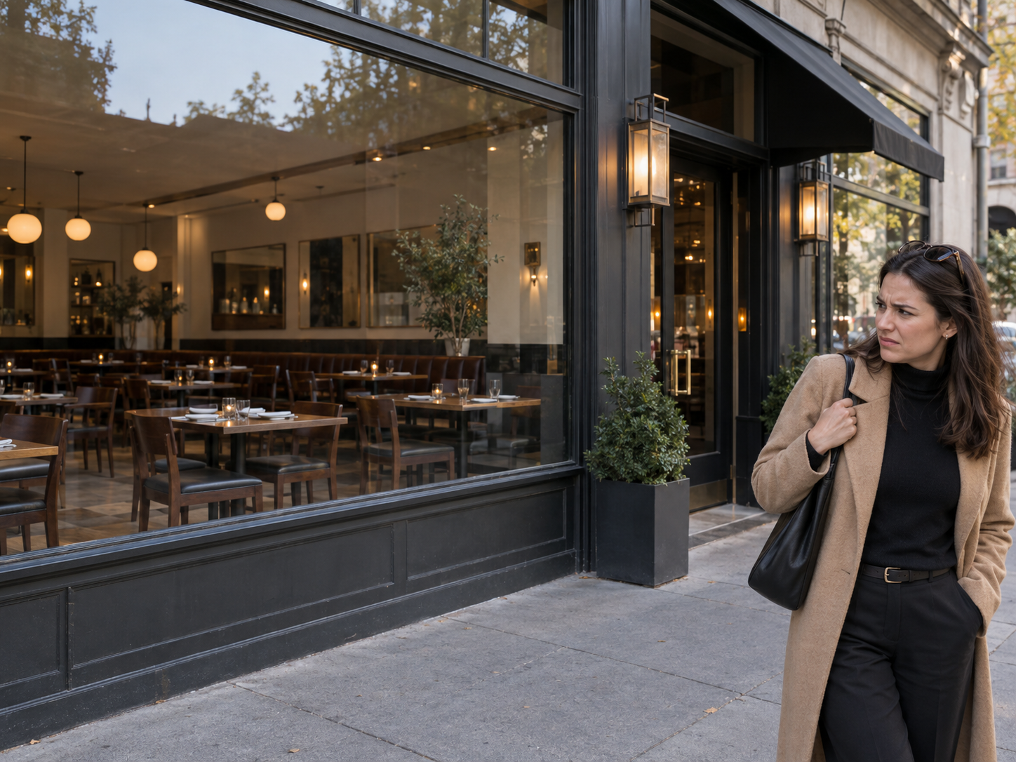 A passerby looking doubtful outside an empty restaurant
